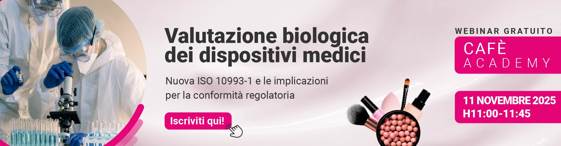Immagine di due tecnici di laboratorio con camice e guanti blu che stanno effettuando analisi al microscopio, simbolo del webinar sulla valutazione biologica dei dispositivi medici e la nuova ISO 10993-1, che si terrà il prossimo 11 novembre con la business unit Cosmetic & Medical Device di Lifeanalytics