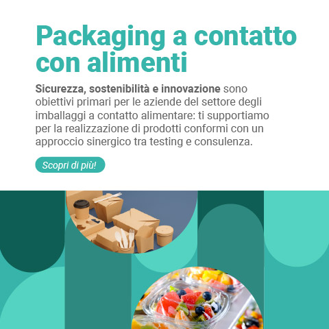 Immagine che rappresenta l'imballaggio alimentare in plastica e carta all'interno di una grafica azzurra che indentifica la Business Unit Product Safety, simbolo del servizio Packaging a contatto con alimenti
