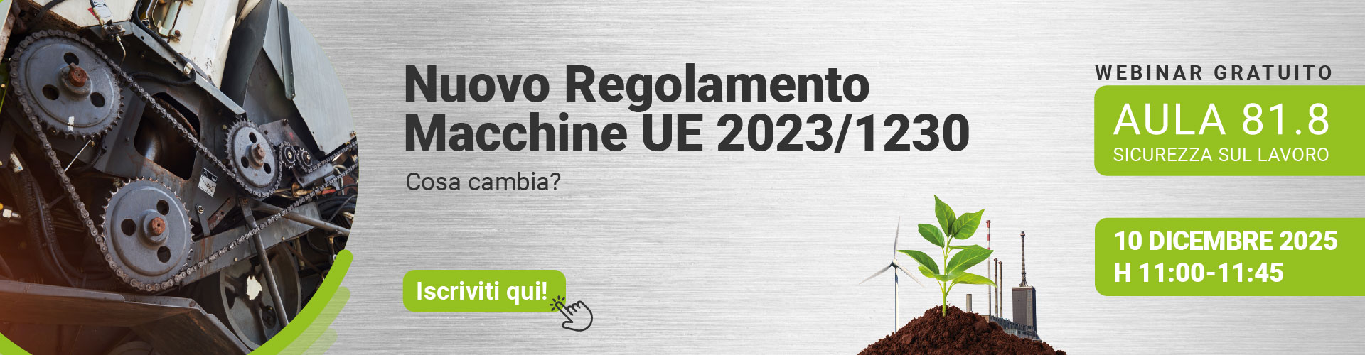 Immagine di un ingranaggio di un macchinario con catene e cingoli, simbolo del webinar gratuito EHS di Lifeanalytics sul nuovo regolamento macchine UE 2023/1230, previsto per il10 dicembre 2025