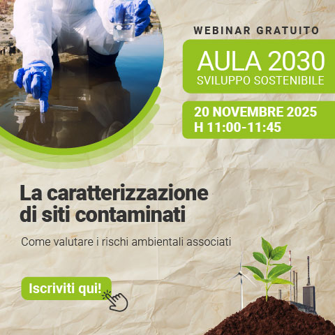 Immagine di tecnico in tuta bianca e guanti blu che sta campionando l'acqua, simbolo del webinar gratuito EHS di Lifeanalytics sulla caratterizzazione dei siti contaminati, previsto per il 20 novembre 2025