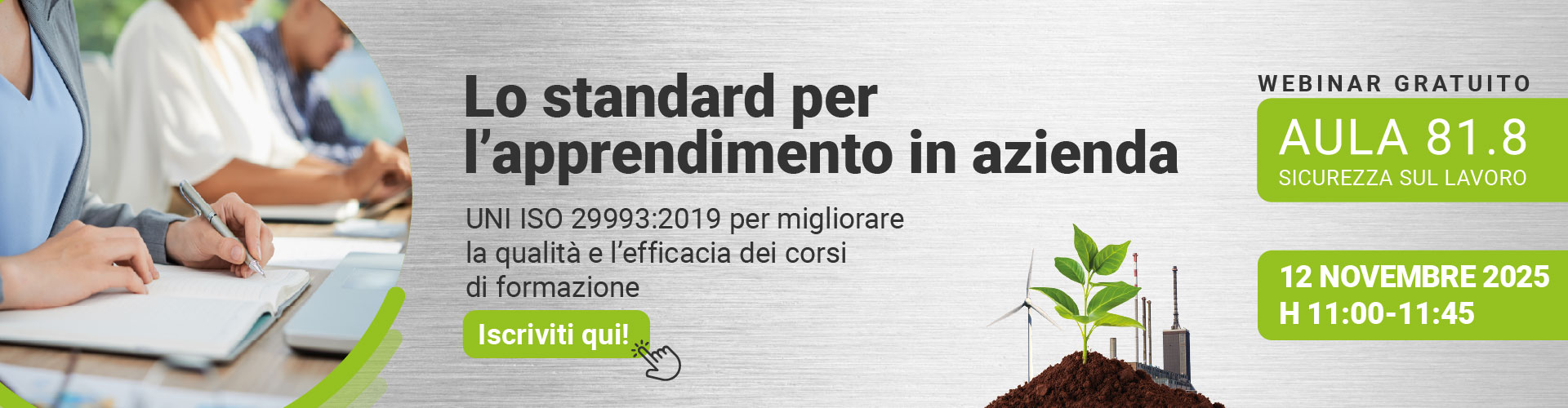 Immagine di più persone sedute alla scrivania che prendono appunti su un blocco con la penna, simbolo del webinar gratuito EHS di Lifeanalytics sullo standard di apprendimento in azienda, previsto per il 12 novembre 2025