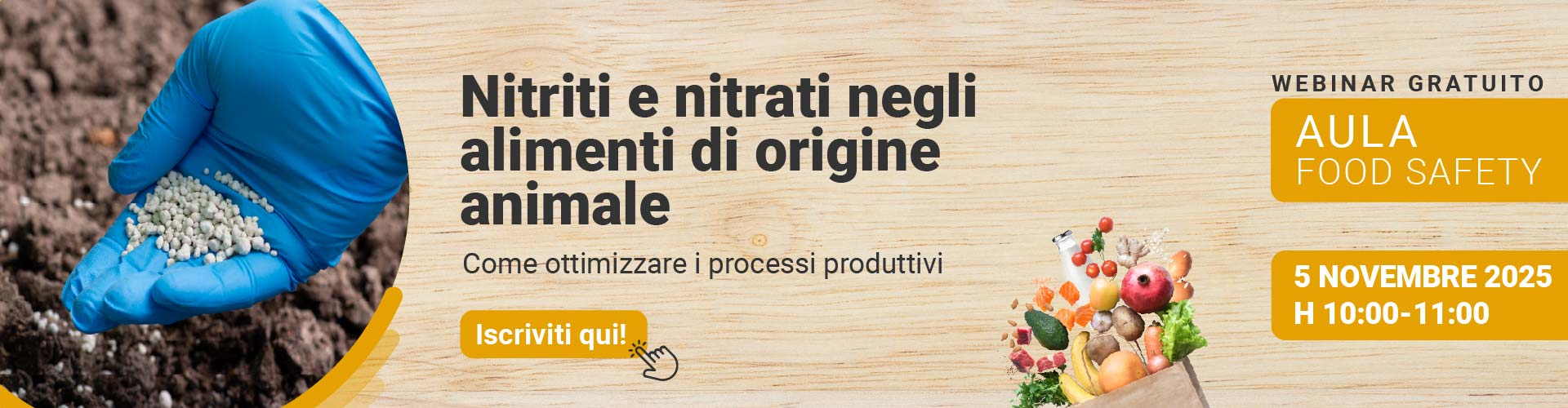 Immagine di una mano aperta con guanto blu con sopra compositi chimici in chicchi, simbolo del webinar Food di Lifeanalytics sui nitrati e nitriti negli alimenti di origine animale