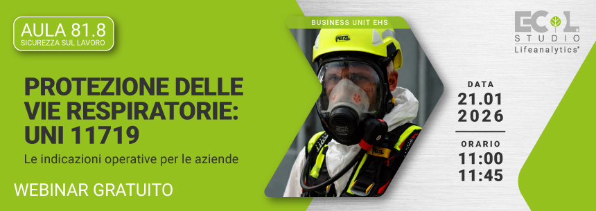 Immagine di una persona con mascherina professionale per proteggere le vie respiratorie, simbolo del webinar gratuito EHS che trat