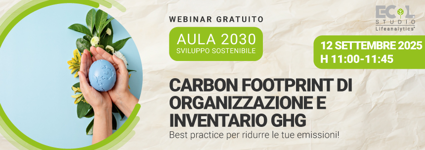 Immagine di mani che tengono un pianeta blu tra fiori e foglie, simbolo del webinar EHS di Lifeanalytics sulla Carbon Footprint d