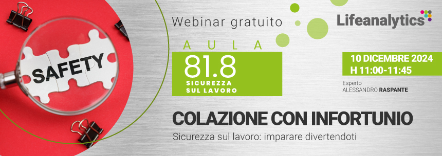 Immagine di una lente che ingradisce un puzzle con la parola safety che promuove il webinar Colazione con infortunio.