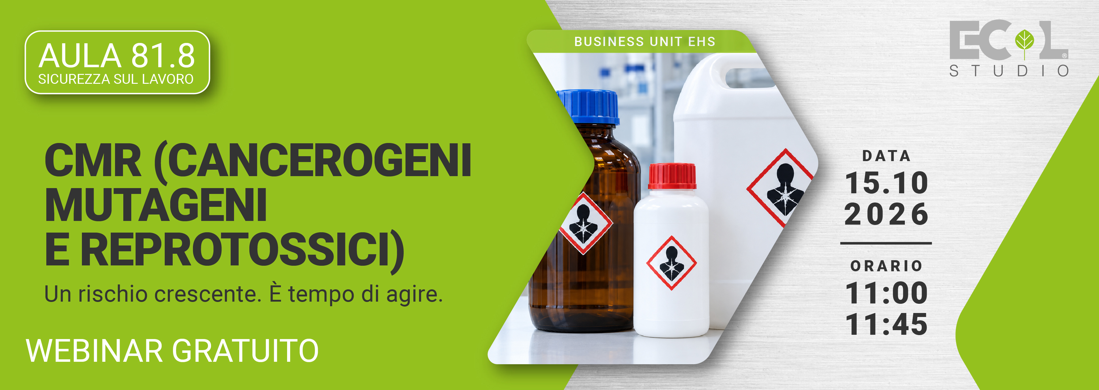 Immagine di contenitori e flaconi per sostanze chimiche con pittogrammi di pericolo per la salute, simbolo del webinar gratuito Eco
