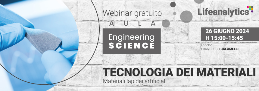 Illustrazione che promuove il webinar della Business Unit Engineering sull'argomento Tecnologia dei materiali. Materiali Lapidei artificiali