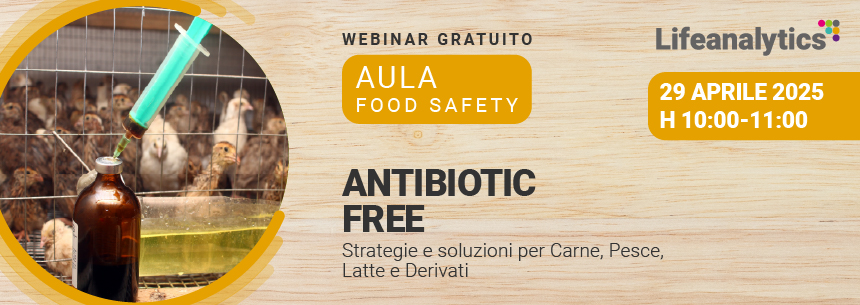 Immagine che rappresenta una siringa in un flacone davanti ad una gabbia di pulcini, simbolo del webinar Food di Lifeanalytics su anti