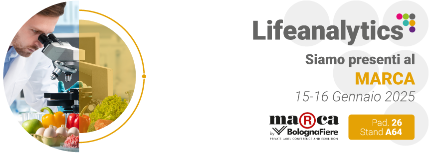 Tecnico di laboratorio che analizza alimenti, simbolo della fiera Marca a cui partecipa Lifeanalytics con la bus