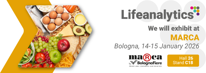 Foods displayed on a table — including fruit, vegetables, meat, fish, and nuts — representing the MARCA trade fa