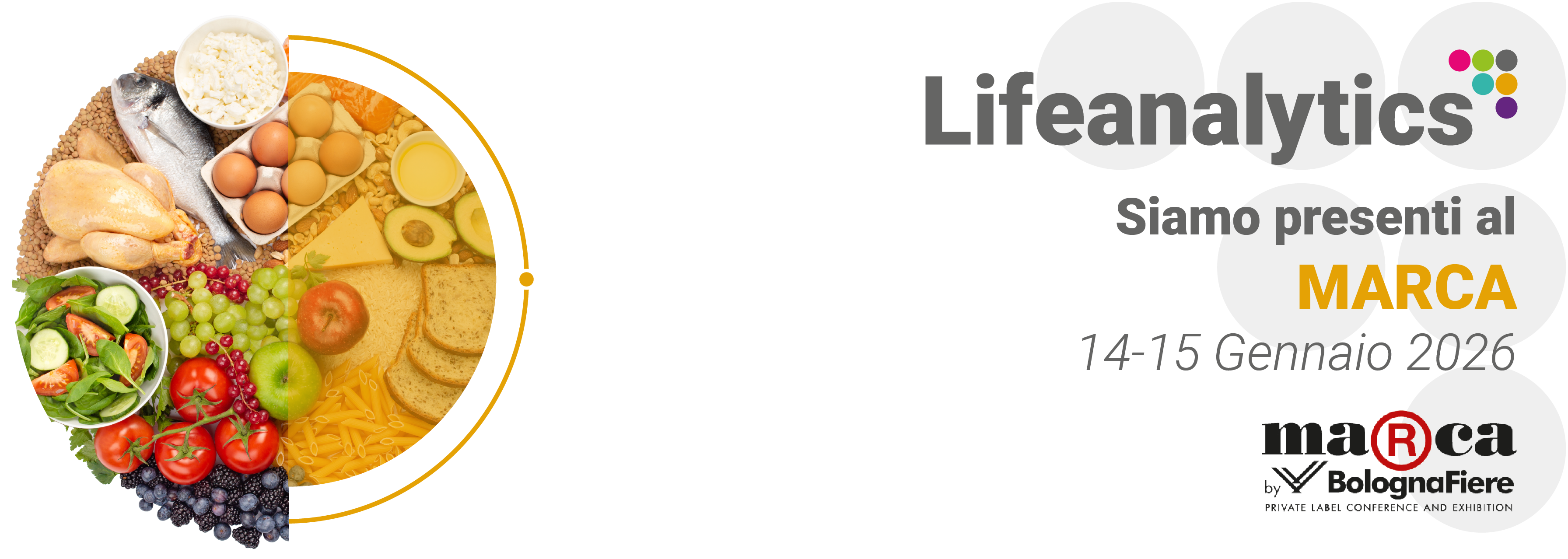 Alimenti distesi su tavolo, in particolare frutta, verdura, carne, pesce e frutta secca, simbolo della fiera M