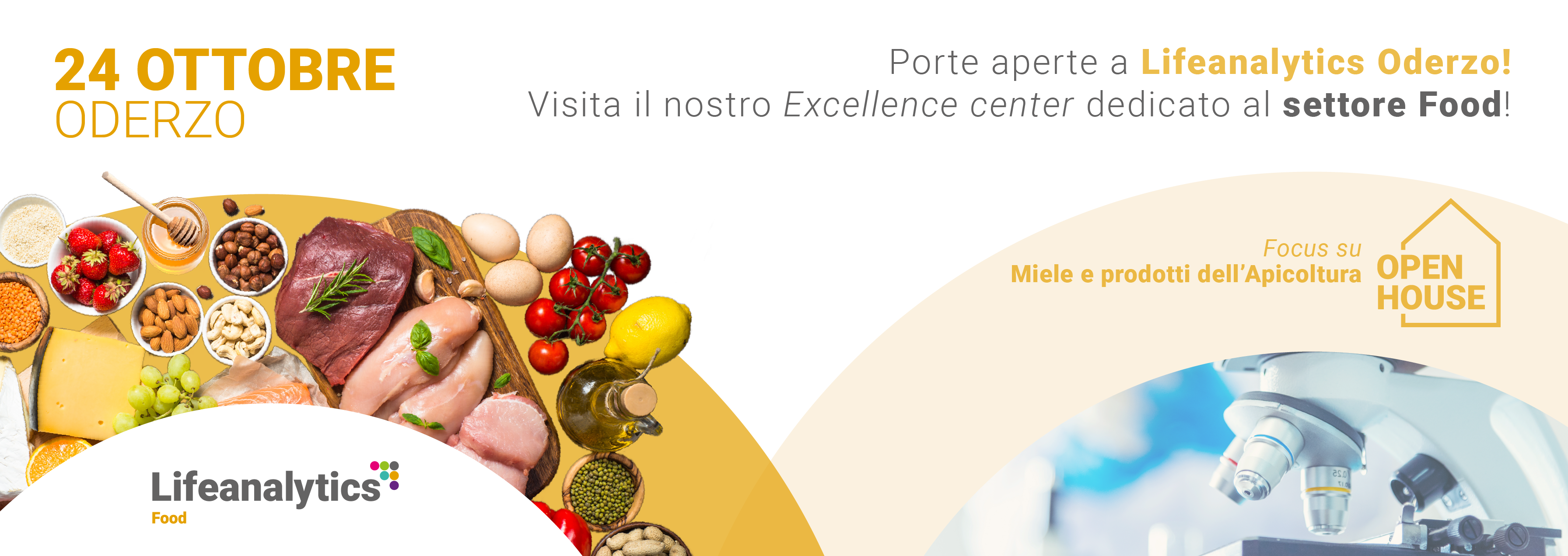 Composizione di generi alimentari come carne, frutta e verdura e miele che promuove l'evento Open House Oderzo di Lifeanalytics