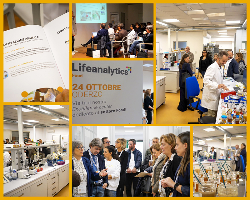 Collage delle foto scattate durante la visita del laboratorio di Oderzo durante l'evento Open house Lifeanalytics della business unit food