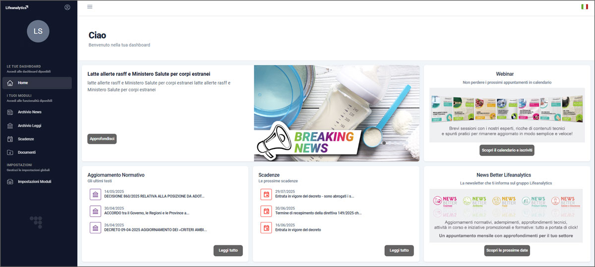 Immagine che rappresenta la Dashboard dell'area riservata My Lifeanalytics dedicata all'Aggiornamento Normativo