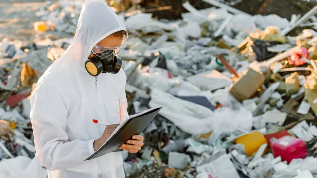 Operatore che effettua un controllo rigoroso per la corretta manipolazione, stoccaggio e smaltimento dei rifiuti. 