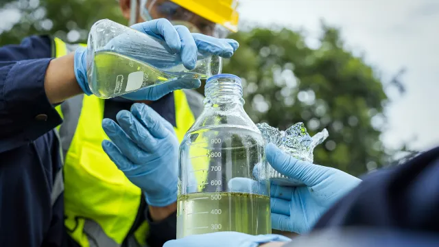 Operatori intenti a riversare da un contenitore all’altro una sostanza che potrebbe essere un rischio biologico.