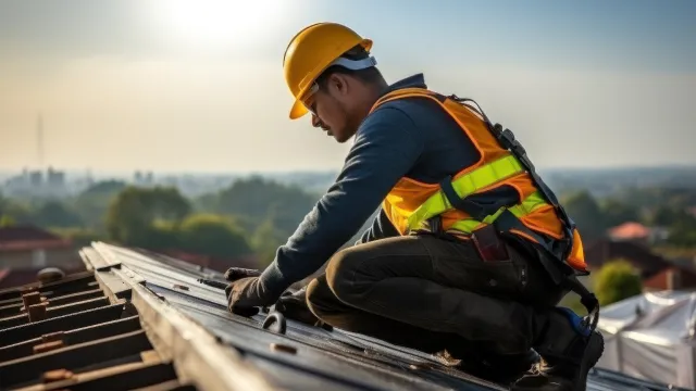 Operaio intento a effettuare un intervento tecnico su un tetto con i dispositivi di protezione dedicati alla sicurezza nei cantieri edili.