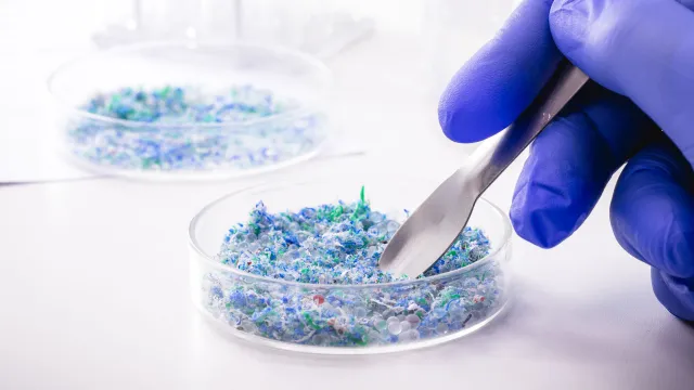 Tecnico di laboratorio intento a prelevare un campione di microplastiche dalla provetta