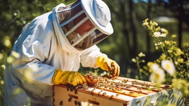 operatore dotato di protezioni intento a ispezionare l’alveare pieno di api alla ricerca di miele e di altri prodotti dell’apicoltura.
