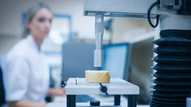 macchina di laboratorio pronta per effettuare un test di laboratorio dedicato a paste alimentari e prodotti da forno su un pezzo di pane 