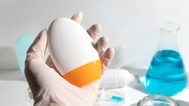 tecnico di laboratorio dotato di guanti in che tiene in mano un barattolo di crema per la protezione solare per effettuare le analisi dedicate al mercato suncare